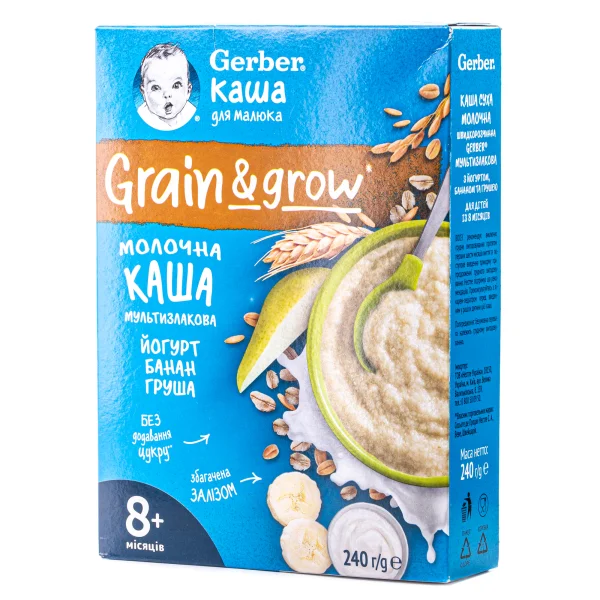 Мультизлакова молочна каша Gerber (Гербер) з йогуртом, бананом та грушею з 8 місяців, 240 г
