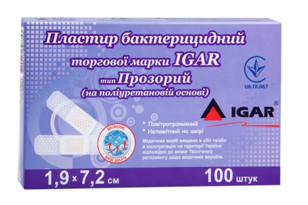 Пласт бактерицидний 1,9 см х 7,2 см прозорий на поліуретановій основі, 100 шт. – Igar