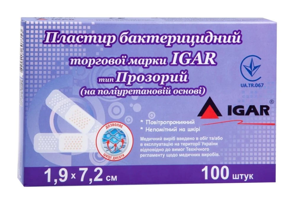 Пластир бактерицидний 1,9 см х 7,2 см прозорий на поліуретановій основі, 100 шт. – Igar