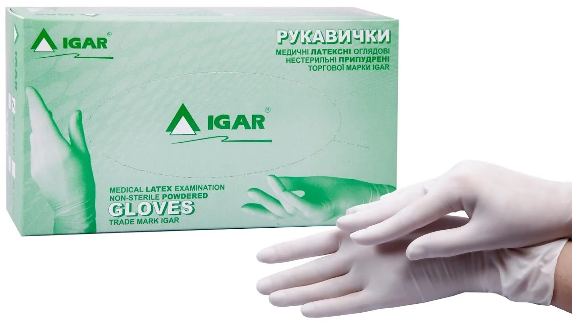 Рукавички латексні оглядові нестерильні припудрені ІГАР (IGAR), розмір L, 100 шт.