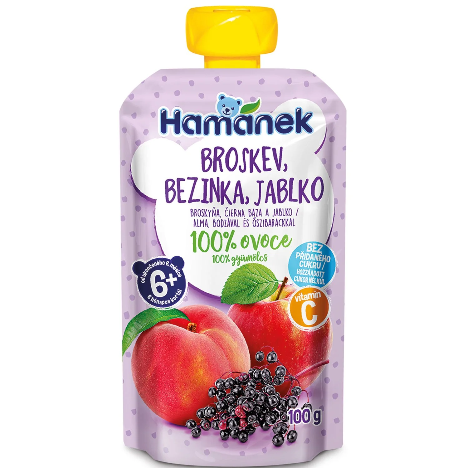 Фруктове пюре Хаманек (Hamanek) яблуко з персиком і бузиной, 100 г