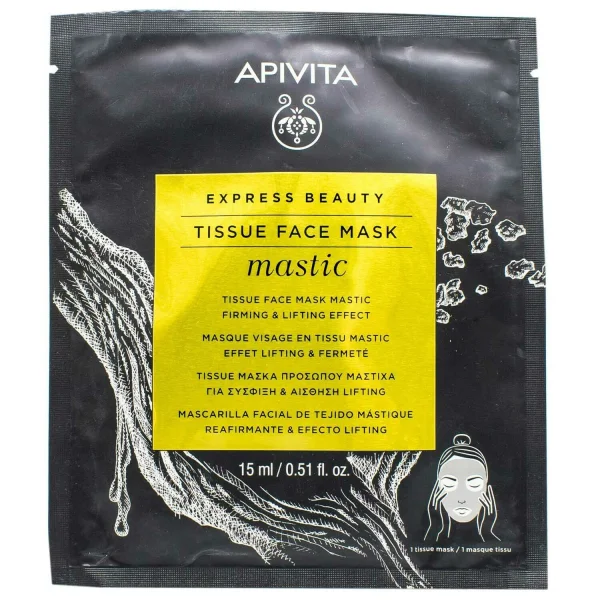 Маска тканинна для обличчя Апівіта Експрес Бюті (Apivita Express Beauty) Пружність та ліфтинг-ефект зі смолою мастикового дерева, 15 мл