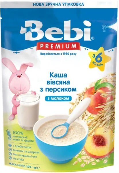 Каша Bebi Premium (Бэби Премиум) молочная овсяная с персиком, с 6 месяцев, 200 г