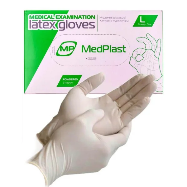 Перчатки смотровые МедПласт (MedPlast) нестерильные опудренные латексные, размер L, 1 пара