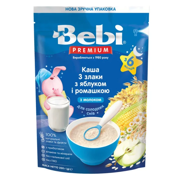 Каша Bebi Premium (Бебі Преміум) 3 злаки з яблуком та ромашкою для дітей від 6-ти місяців, 200 г