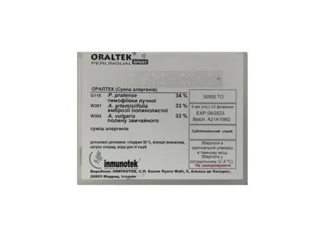 Oraltek (Оралтек) суміш алергенів тимофіївки/полину/амброзії спрей сублінгвальний 30000 ТО по 9 мл у флаконі, 2 шт.