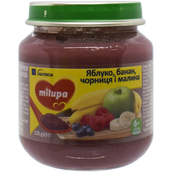 Пюре Милупа (Milupa) со вкусом яблока, банана, черники и малины для детей от 6 месяцев, 125 г