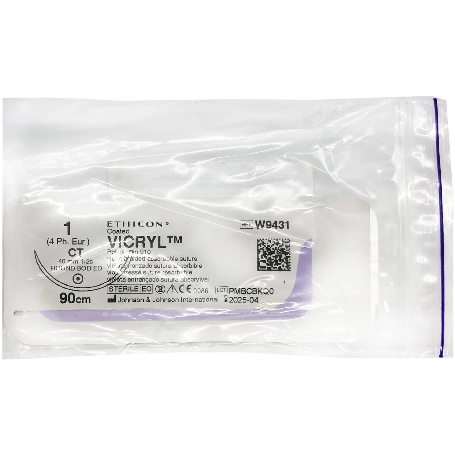 Шовний матеріал Vicryl (Вікрил) W9431 фіолетовий Taper Point 40 мм, 1/2 кола, 90 см, 1 шт. 