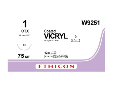 Vicryl (Вікрил) 1-0 колюча голка Taper Point 48 мм, 1/2 кола, 75 см масивна W9251, 1 шт.