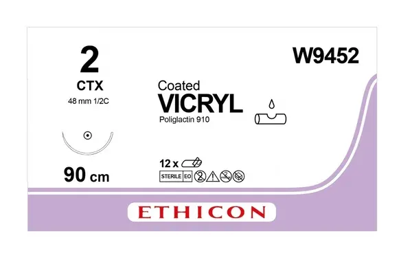 Шовний матеріал Вікрил 2 розсмоктувальний, колюча масивна голка Taper Point 48 мм, 1/2 кола, довжина 90 см (W9452)