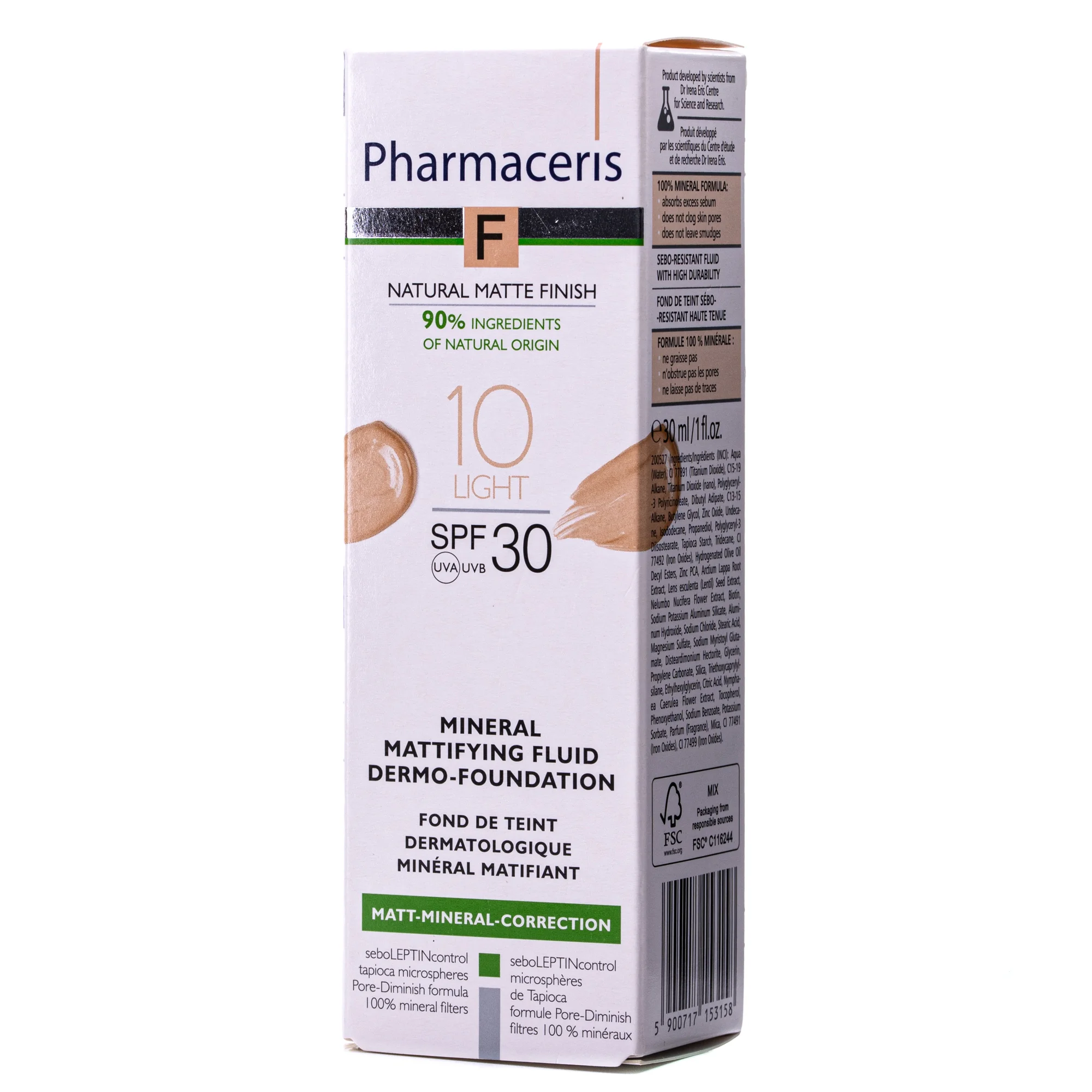 Флюїд для обличчя Pharmaceris (Фармацеріс) F мінеральний тональний матуючий SPF30, тон 10, 30 мл