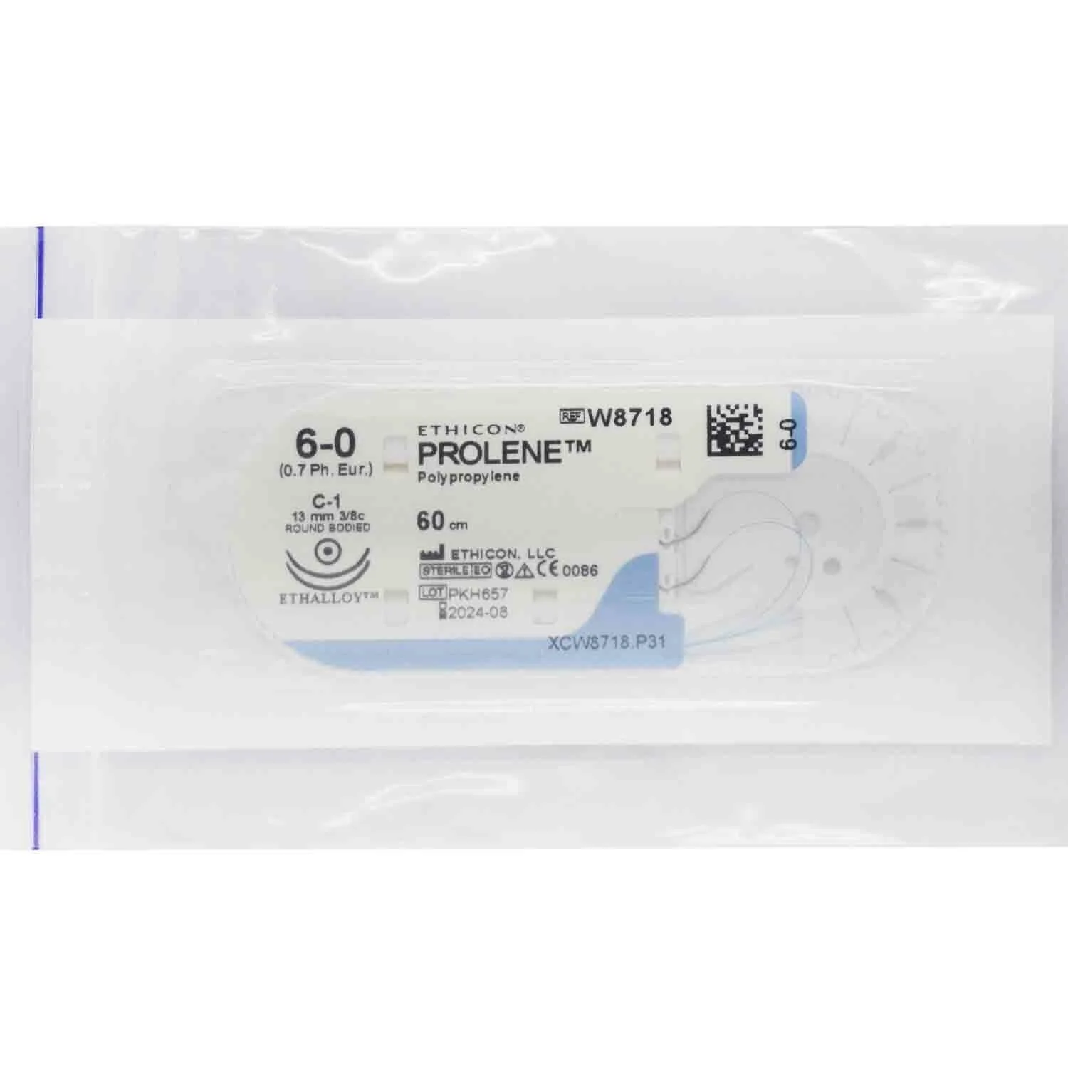 Шовний матеріал Prolene (Пролен) 6, Taper Point 2*13 мм, 3/8 кола, 60 см W8718, блакитний, 1 шт.