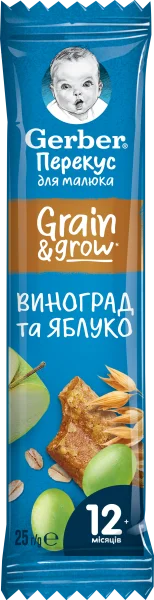 Фруктово-злаковий батончик Гербер (Gerber) з виноградом та яблуком, з 12 місяців, 25 г