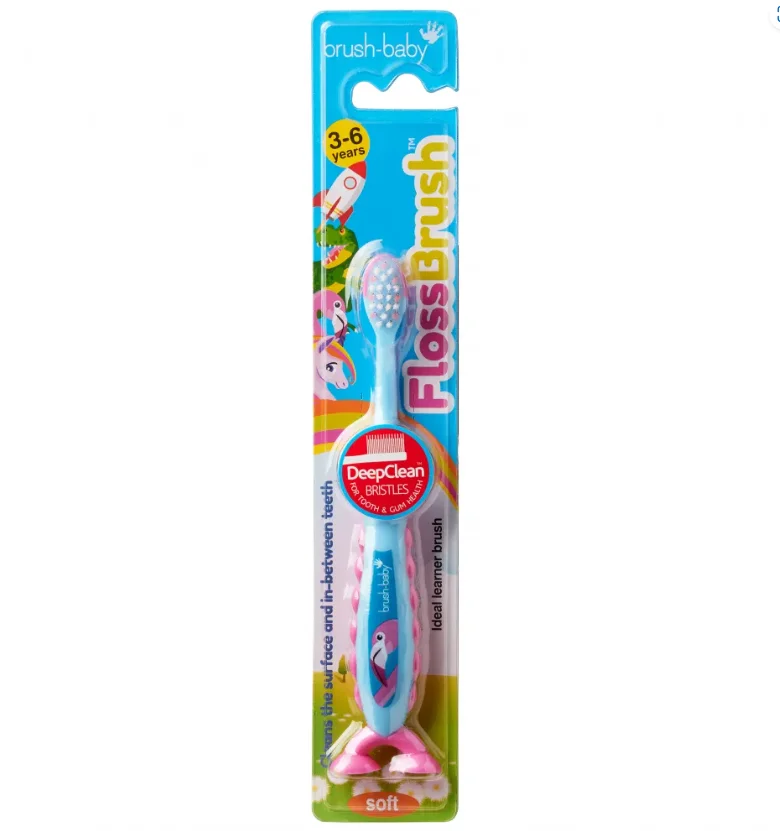 Зубна щітка дитяча Браш Бебі Флосбраш (Brush-Baby Flossbrush) Фламінго на ніжці-липучці, 3-6 років, 1 шт.