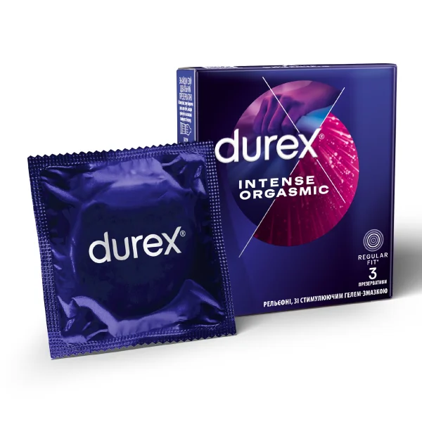 Презервативы латексные с силиконовой смазкой Durex Intense Orgasmic (рельефные, со стимулирующим гелем-смазкой), 3 шт.