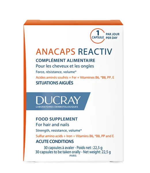 Диетическая добавка Ducray Anacaps Reactiv (Дюкрей Анакапс Реактив) для здоровья волос и ногтей в капсулах, 30 шт.