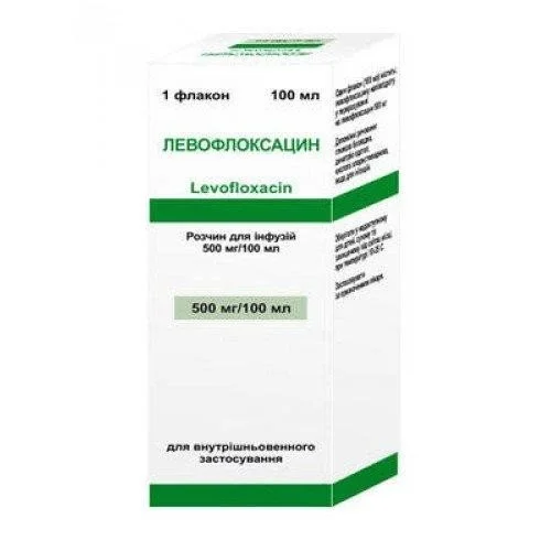 Левофлоксацин раствор для инфузий 500 мг/100 мл, по 100 мл во флаконе.