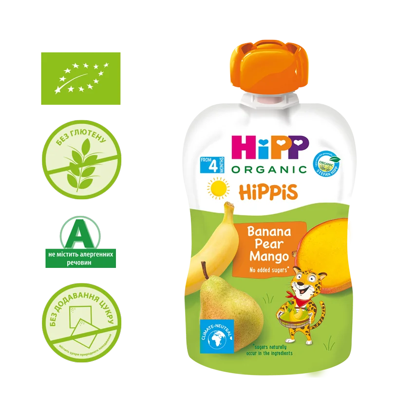 Фруктове пюре Хіпп (Hipp) зі смаком банану, груші та манго, 100 г