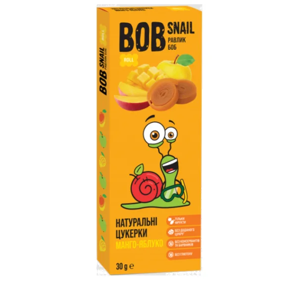 ЦУКЕРКИ НАТУРАЛЬНІ BOB SNAIL (РАВЛИК БОБ), Еко Снек ТОВ (Україна, Агрономічне), 30 г, яблуко-манго