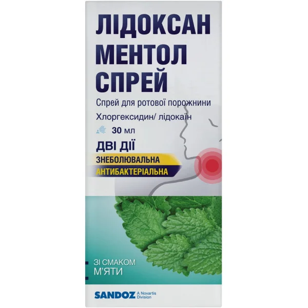 Лидоксан спрей для полости рта со вкусом ментола по 2 мг/0,5 мг/мл, 30 мл