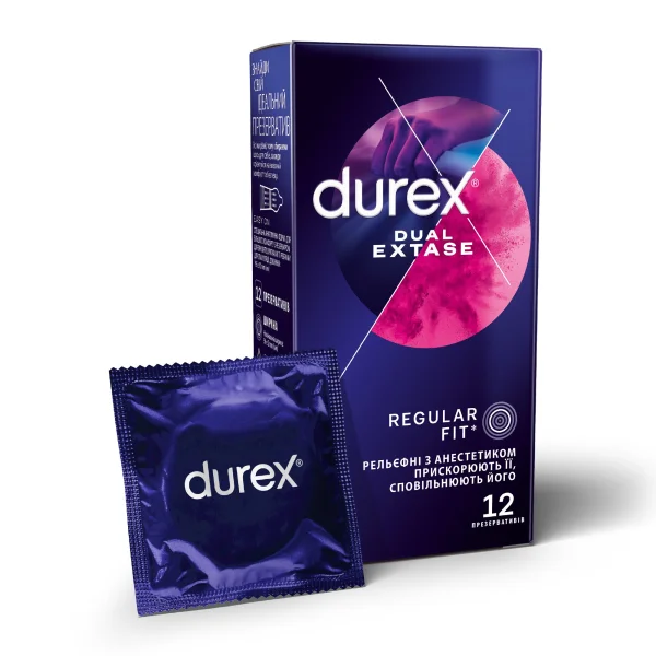 Презервативи латексні з силіконовою змазкою Durex Dual Extase (рельєфні з анестетиком), 12 шт. 