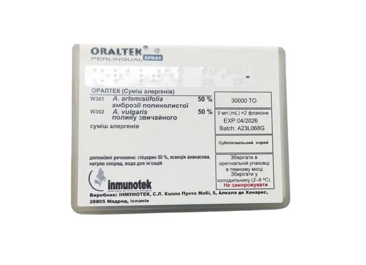 Oraltek (Оралтек) суміш алергенів спрей сублінгвальний 30000 ТО полину звичайного, амброзії полинолистої по 9 мл у флаконі, 2 шт.
