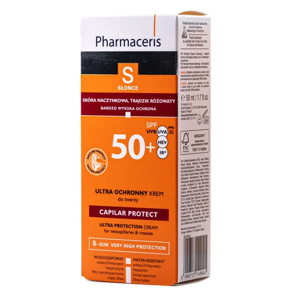 Сонцезахисний крем для обличчя Pharmaceris (Фармацеріс) для капілярної шкіри і з розацеа SPF50+, 50 мл