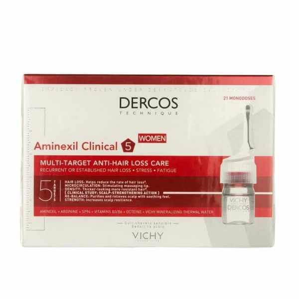Средство для волос Vichy (Виши) Dercos Aminexil Clinical 5 (Деркос Аминексил Клиникал 5) против выпадения волос комплексного действия для женщин, в ампулах по 6 мл, 21 шт.