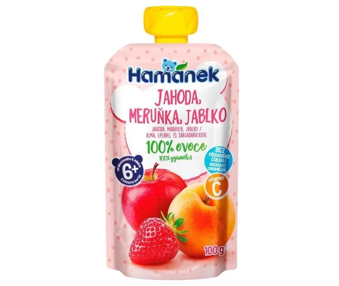 Пюре фруктове Hamanek (Хаманек) Яблуко, полуниця та абрикос, 100 г