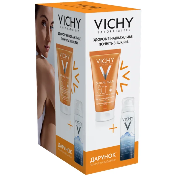 Набір Віши Капіталь Солей (Vichy Capital Soleil) Сонцезахистний матуючий флюїд для комбінованої та жирної шкіри SPF50+, 50 мл +подарунок
