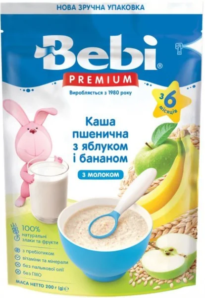 Каша Бебі Преміум (Bebi Premium) молочна пшенична з яблуком і бананом, 200 г