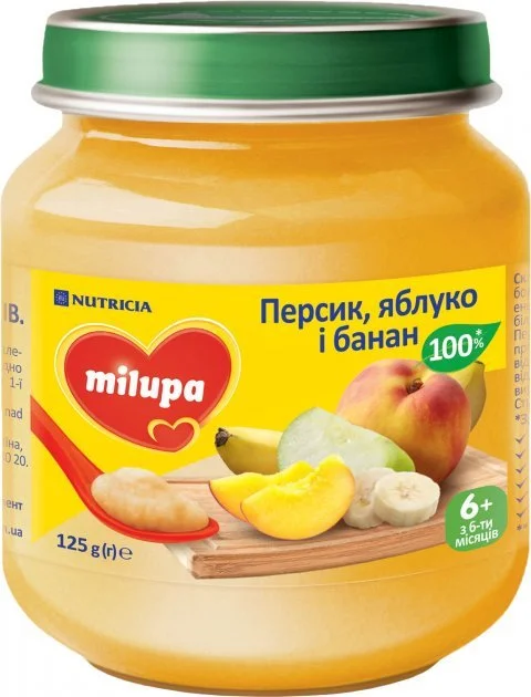 Фруктове пюре Мілупа (Milupa) зі смаком яблука, банану і персика дітям з 6 місяців, 125 г