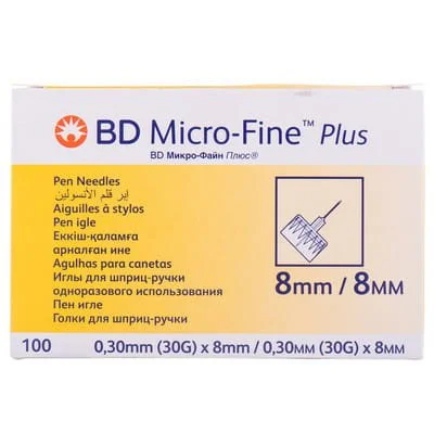 Голка БД Мікро-Файн Плюс (BD Micro-Fine Plus) для шприц-ручки, 30G (0.3 мм x 8 мм), 100 шт.