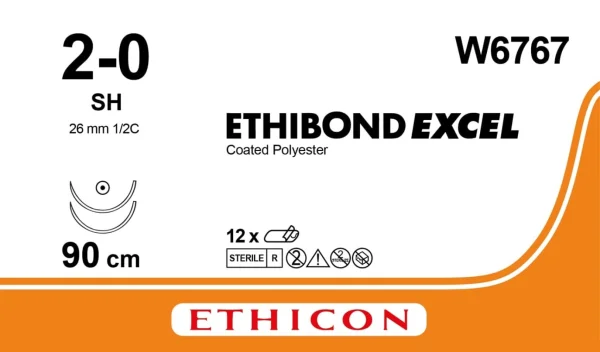 Нитка шовна хірургічна Етібонд (Ethibond) 2/0, 90 см дві голки W6767, 1 шт.