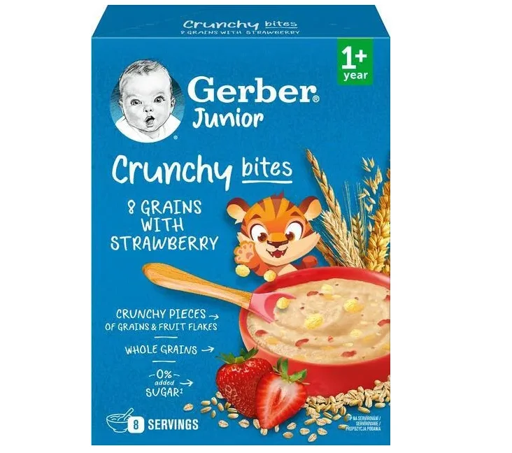 Каша безмолочна Gerber (Гербер) мультизлакова з хрусткими пластівцями та шматочками полуниці, 200 г