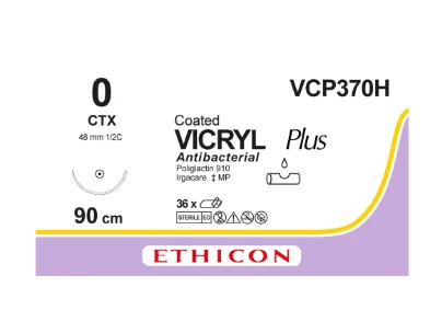 Вікрил (Vicryl) Плюс 0 антибактеріальний фіолетового кольору 48мм 1/2 кола 90 см VCP370H, 1 шт.
