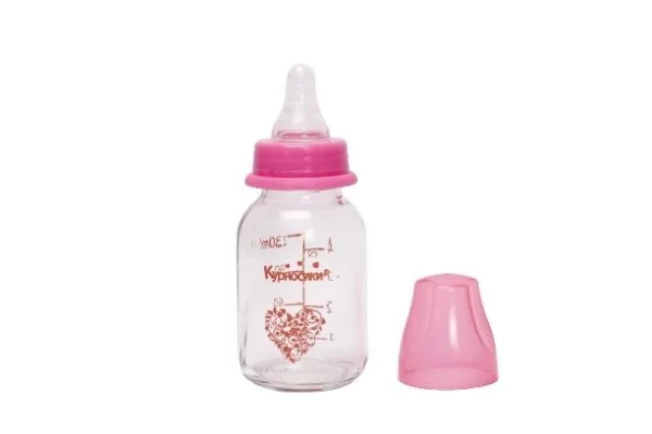 Бутылка для кормления Курносики стеклянная с силиконовой соской 7010, 130 мл Розовая