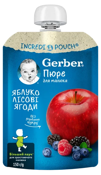 Пюре Гербер (Gerber) яблуко та лісові ягоди, 150 г (пауч)
