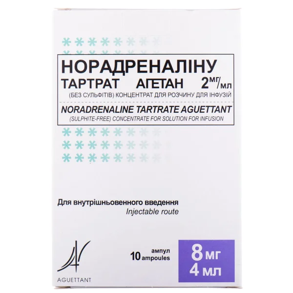 Норадреналіну тартрат концентрат для розчину для інфузій по 4 мл в ампулах, 2 мг/мл, 10 шт.