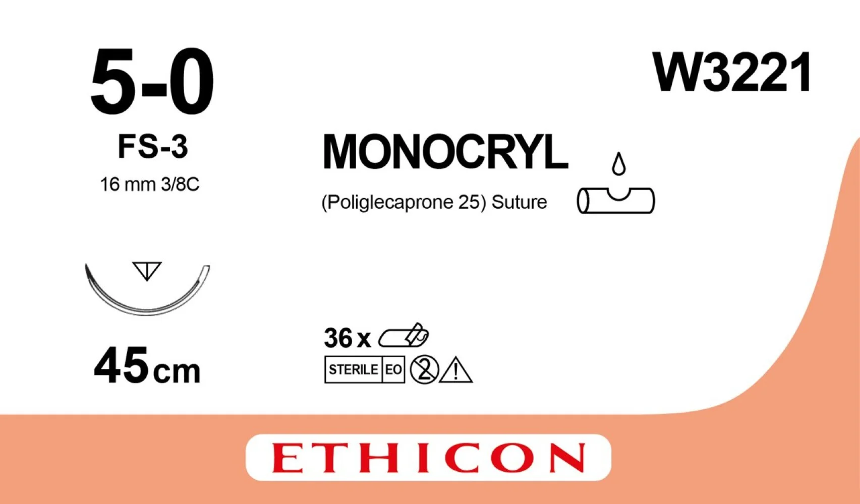 Шовний матеріал Monocryl (Монокрил) USP 5/0 длина 45см, обр-ріжуча голка 16 мм, 1 шт.