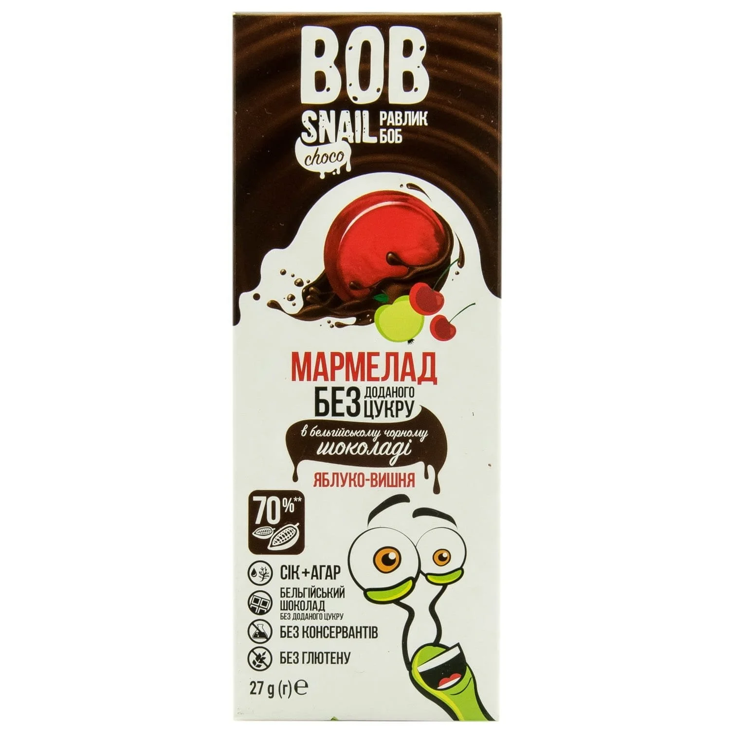 Мармелад Равлик Боб (Bob Snail) яблуко-вишня в бельгійському чорному шоколаді, 27 г