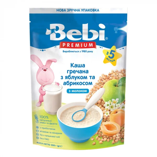 Каша Bebi Premium (Бебі Преміум) молочна гречана з яблуком та абрикосами для дітей з 5-ти місяців, 200 г