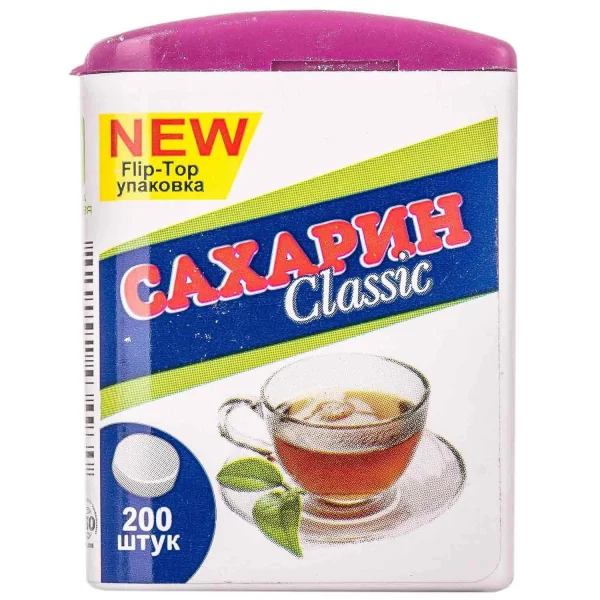 Підсолоджувач Сахарин CLASSIK FLIP-TOP таблетки 0,1г банка 200 шт.