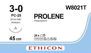 Шовный материал Prolene (Пролен) 3 обратно-режущая 26 мм, 3/8 круга, длина 45 см, 1 шт.