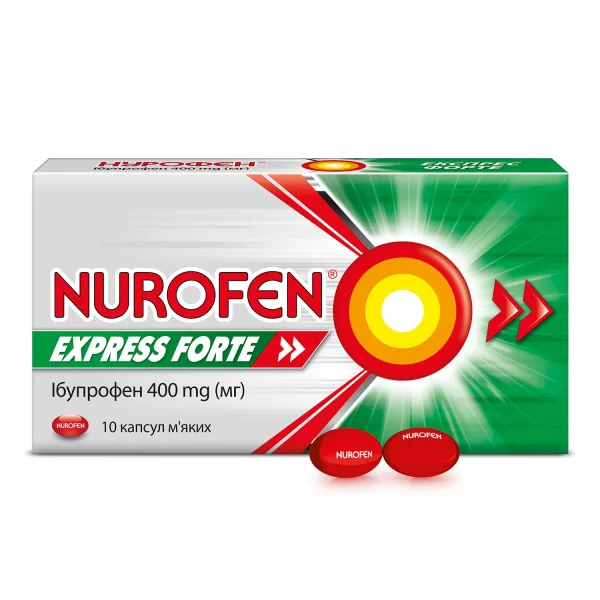 Нурофен Экспресс форте капсулы мягкие по 400 мг, жаропонижающее и противовоспалительное действие, 10 шт.