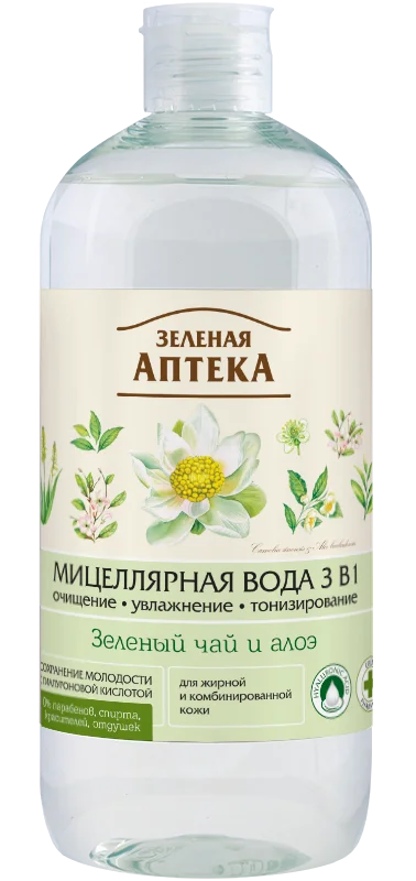Міцелярна вода Зелена Аптека 3в1 зелений чай та алое, 500 мл