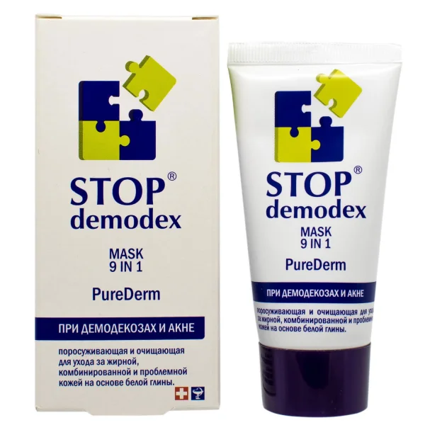 Маска для лица Стоп Демодекс 9 в 1 Pure Derm (Пюр Дерм) очищающая для проблемной, комбинированной и жирной кожи при демодекозах и акне, 50 мл