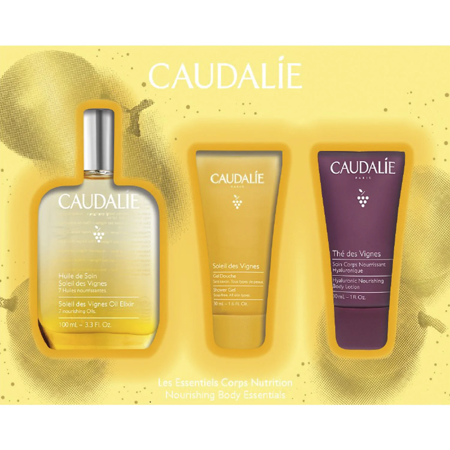 Набір Caudalie (Кодалі) Soleil Des Vignes Гель для душу, 30 мл + Лосьйон живийльний для тіла, 30 мл + Олія-еліксир, 50 мл