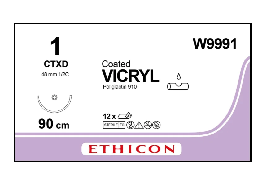 Шовний матеріал Vicryl (Вікрил) Ethiguard 1 колюча, фіолетова, 48 мм 1/2 кола 90 см тупокінцева, 1 шт.