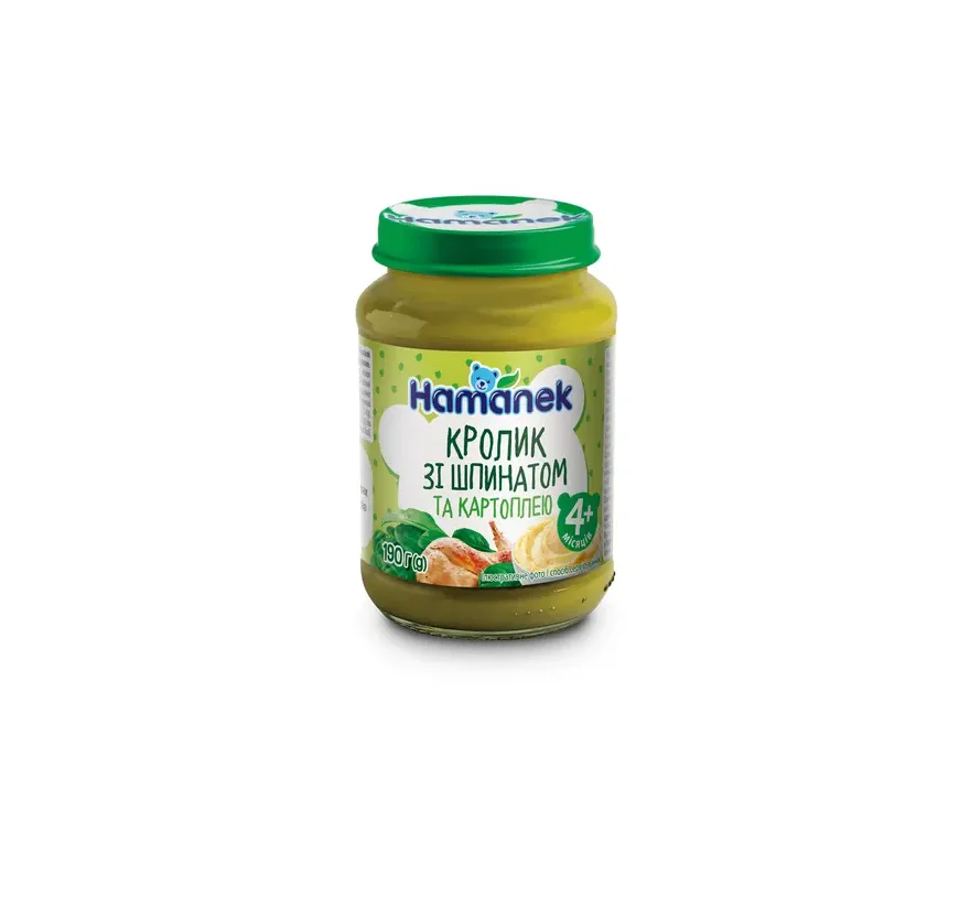 Пюре м’ясо-овочеве Hamanek (Хаманек) кролик зі шпинатом і картоплею, 190 г